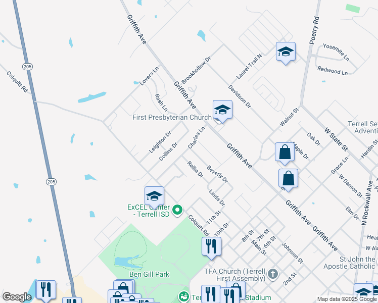 map of restaurants, bars, coffee shops, grocery stores, and more near 889 Beverly Drive in Terrell