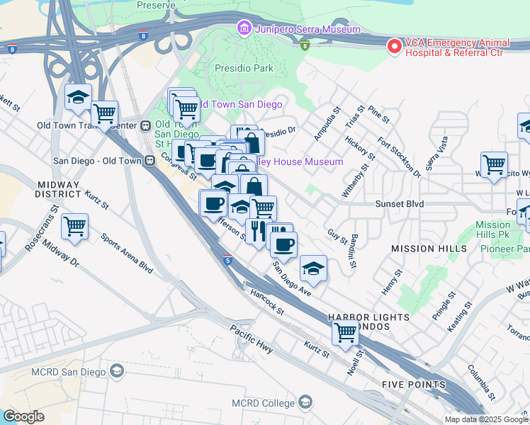 map of restaurants, bars, coffee shops, grocery stores, and more near 3990 Ampudia Street in San Diego