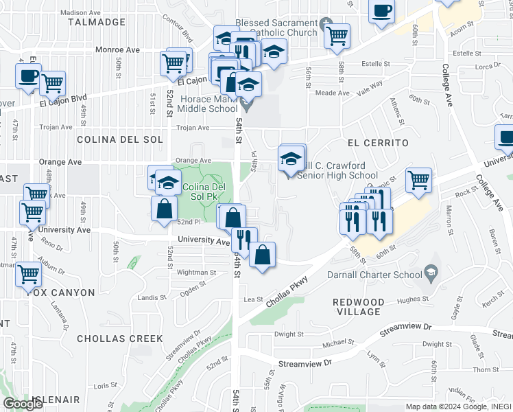 map of restaurants, bars, coffee shops, grocery stores, and more near 5432 Zeil Place in San Diego