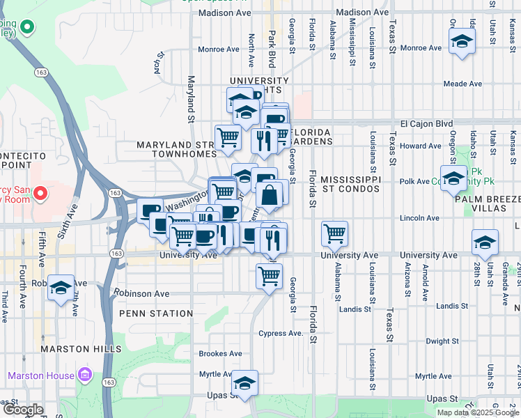 map of restaurants, bars, coffee shops, grocery stores, and more near 1702 Lincoln Avenue in San Diego