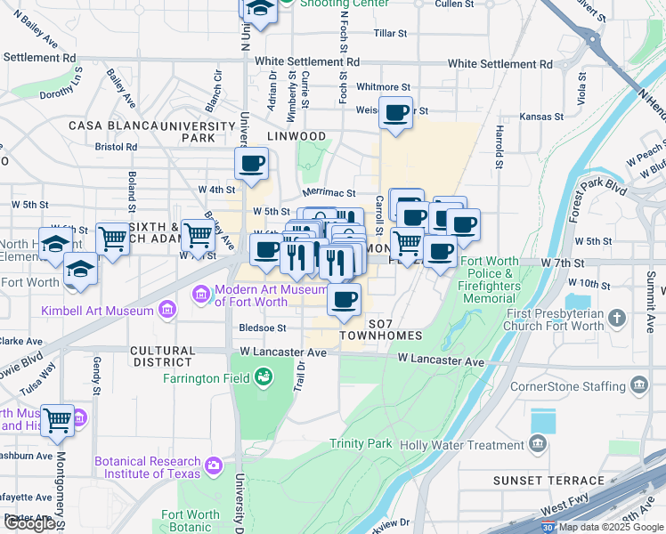 map of restaurants, bars, coffee shops, grocery stores, and more near 816 Foch Street in Fort Worth