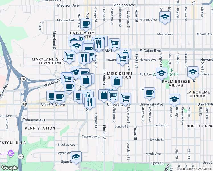 map of restaurants, bars, coffee shops, grocery stores, and more near 4034 Florida Street in San Diego