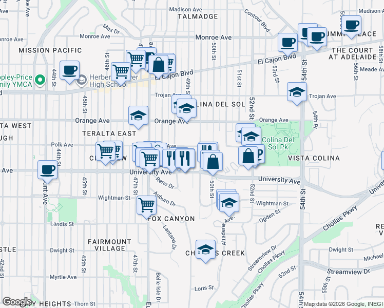 map of restaurants, bars, coffee shops, grocery stores, and more near 4086 Winona Avenue in San Diego