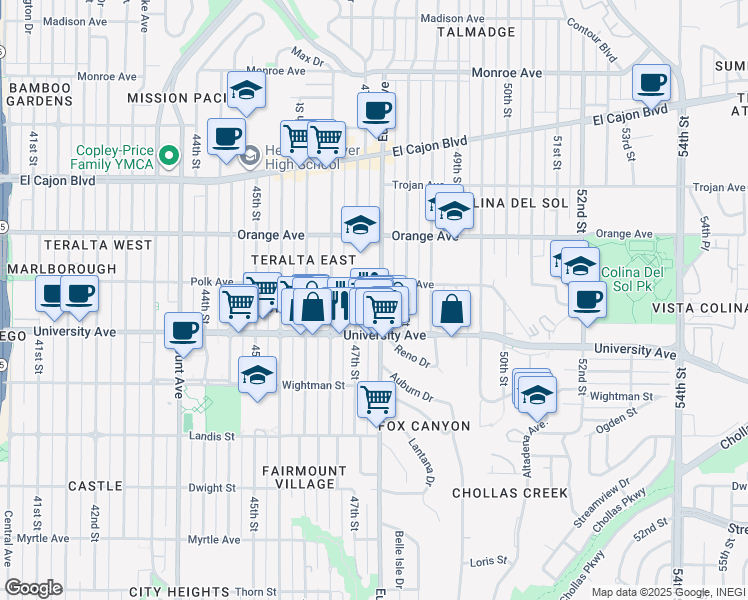 map of restaurants, bars, coffee shops, grocery stores, and more near 4073 47th Street in San Diego
