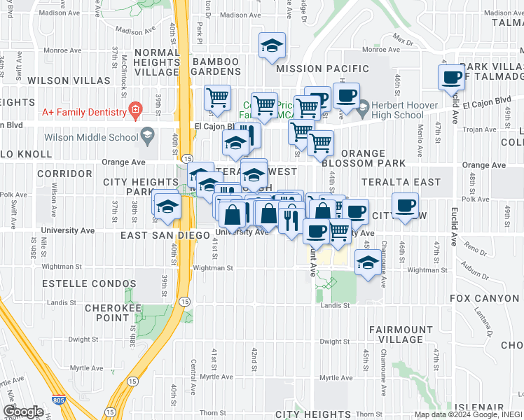 map of restaurants, bars, coffee shops, grocery stores, and more near 4070 Van Dyke Avenue in San Diego