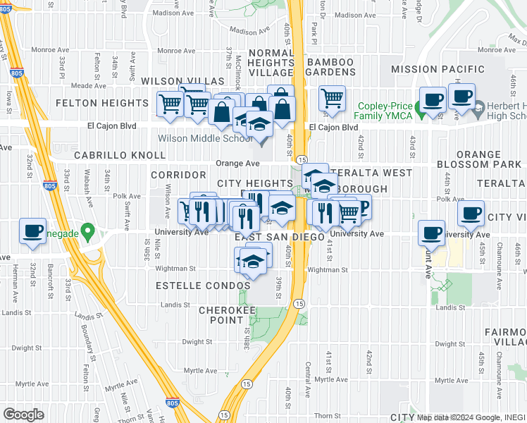 map of restaurants, bars, coffee shops, grocery stores, and more near 4072 39th Street in San Diego