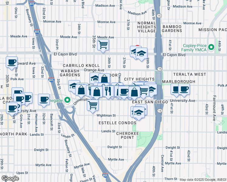 map of restaurants, bars, coffee shops, grocery stores, and more near 4073 36th Street in San Diego