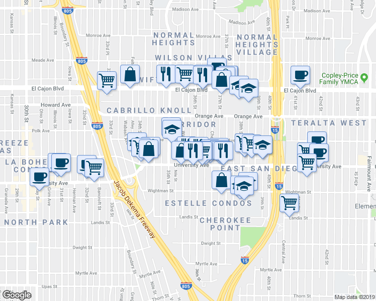 map of restaurants, bars, coffee shops, grocery stores, and more near 4073 Wilson Avenue in San Diego