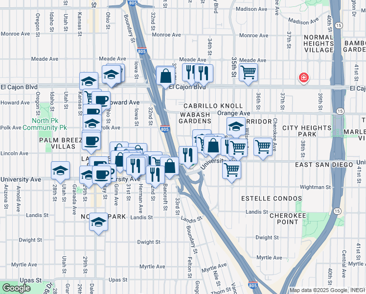 map of restaurants, bars, coffee shops, grocery stores, and more near 4035 33rd Street in San Diego