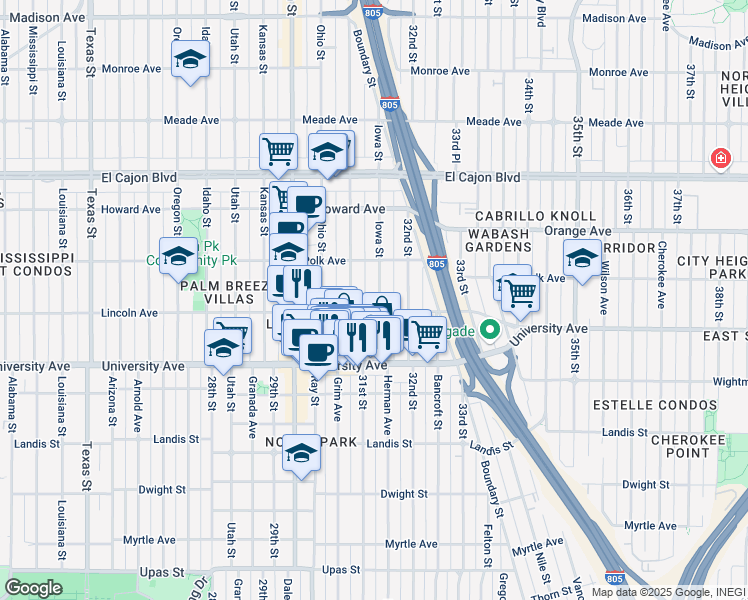 map of restaurants, bars, coffee shops, grocery stores, and more near 4033 Iowa Street in San Diego