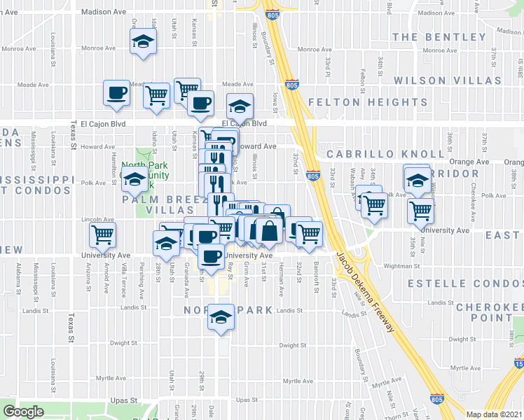 map of restaurants, bars, coffee shops, grocery stores, and more near 4031 Illinois Street in San Diego