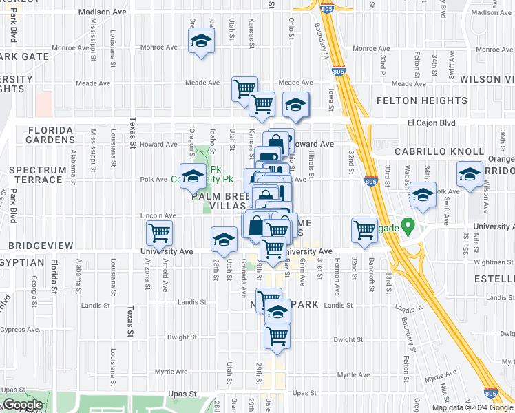 map of restaurants, bars, coffee shops, grocery stores, and more near 4034 30th Street in San Diego