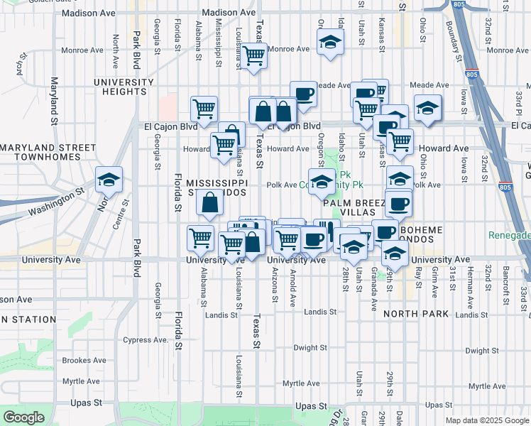 map of restaurants, bars, coffee shops, grocery stores, and more near 4036 Arizona Street in San Diego