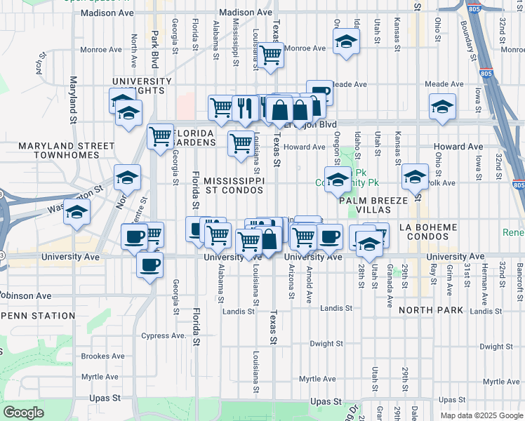 map of restaurants, bars, coffee shops, grocery stores, and more near 4033 Louisiana Street in San Diego
