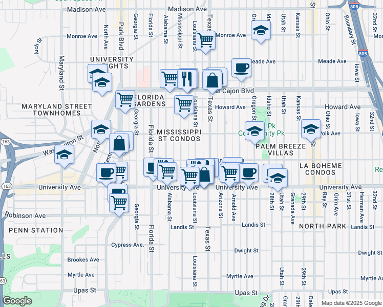 map of restaurants, bars, coffee shops, grocery stores, and more near 4035 Mississippi Street in San Diego
