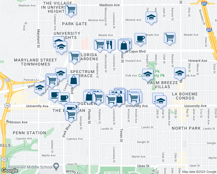 map of restaurants, bars, coffee shops, grocery stores, and more near 4035 Mississippi Street in San Diego