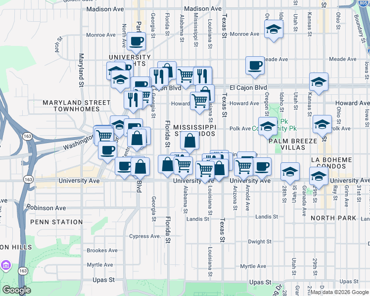 map of restaurants, bars, coffee shops, grocery stores, and more near 4025 Alabama Street in San Diego