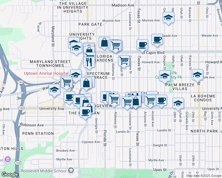 map of restaurants, bars, coffee shops, grocery stores, and more near 4025 Alabama Street in San Diego