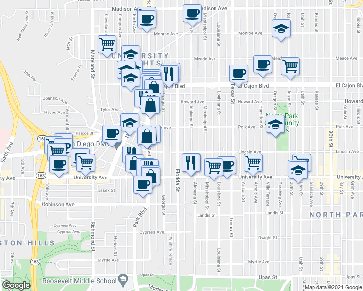 map of restaurants, bars, coffee shops, grocery stores, and more near 4034 Florida Street in San Diego