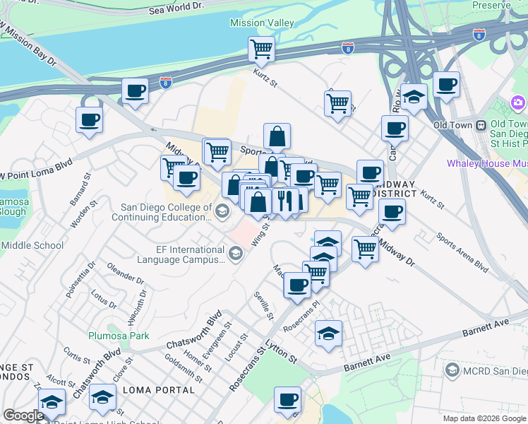 map of restaurants, bars, coffee shops, grocery stores, and more near 3450 Midway Drive in San Diego
