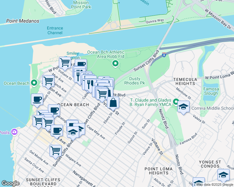 map of restaurants, bars, coffee shops, grocery stores, and more near 4770 West Point Loma Boulevard in San Diego