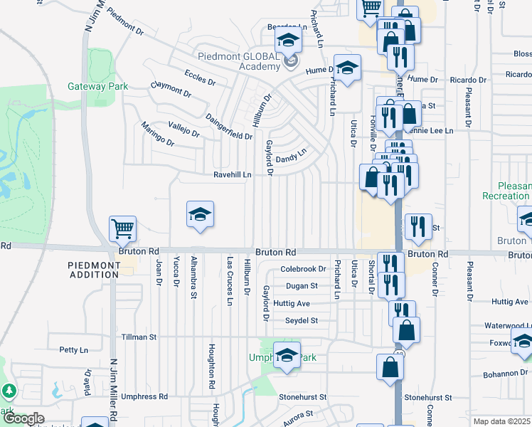 map of restaurants, bars, coffee shops, grocery stores, and more near 2204 Hillburn Drive in Dallas