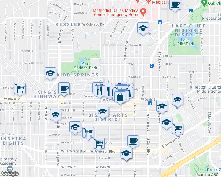 map of restaurants, bars, coffee shops, grocery stores, and more near 705 Haines Avenue in Dallas