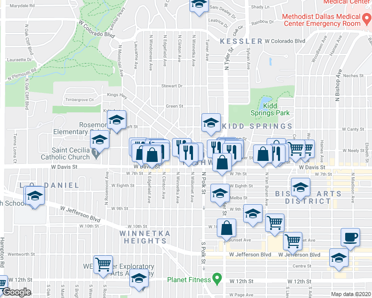 map of restaurants, bars, coffee shops, grocery stores, and more near 641 North Winnetka Avenue in Dallas