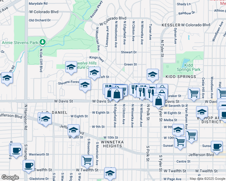 map of restaurants, bars, coffee shops, grocery stores, and more near 703 North Edgefield Avenue in Dallas