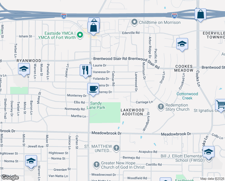 map of restaurants, bars, coffee shops, grocery stores, and more near 7449 Monterrey Drive in Fort Worth