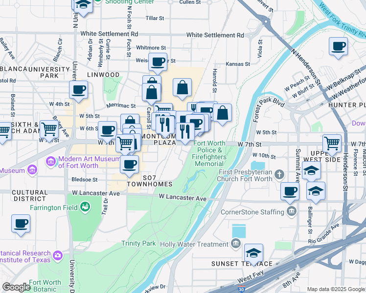map of restaurants, bars, coffee shops, grocery stores, and more near in Fort Worth