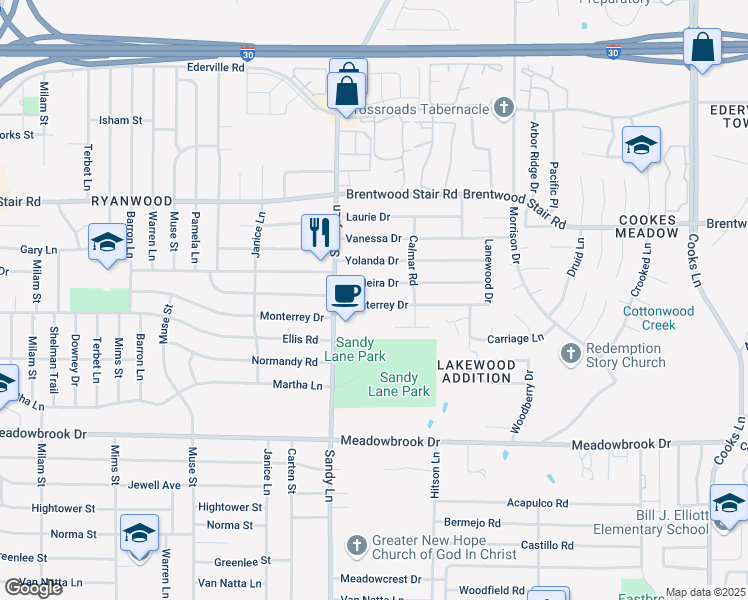 map of restaurants, bars, coffee shops, grocery stores, and more near 7425 Monterrey Drive in Fort Worth