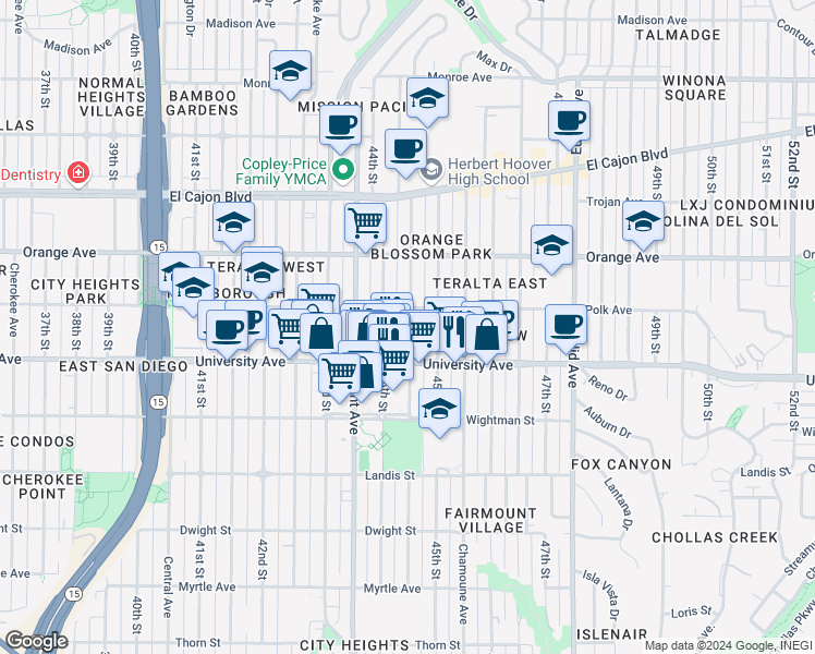 map of restaurants, bars, coffee shops, grocery stores, and more near 4064 Highland Avenue in San Diego