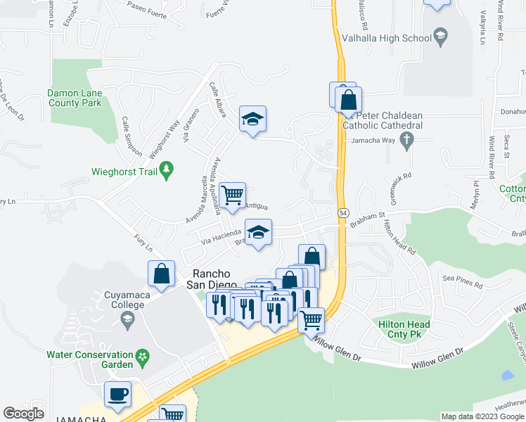 map of restaurants, bars, coffee shops, grocery stores, and more near 12165 Via Antigua in El Cajon
