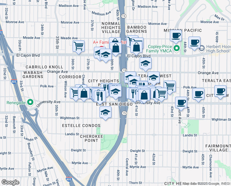 map of restaurants, bars, coffee shops, grocery stores, and more near 4041 39th Street in San Diego