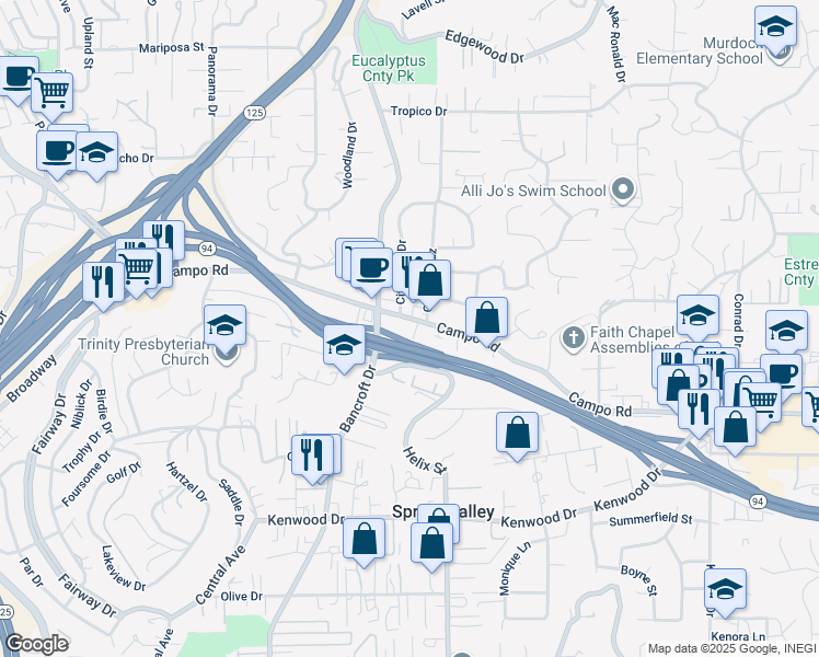 map of restaurants, bars, coffee shops, grocery stores, and more near Campo Road in Spring Valley