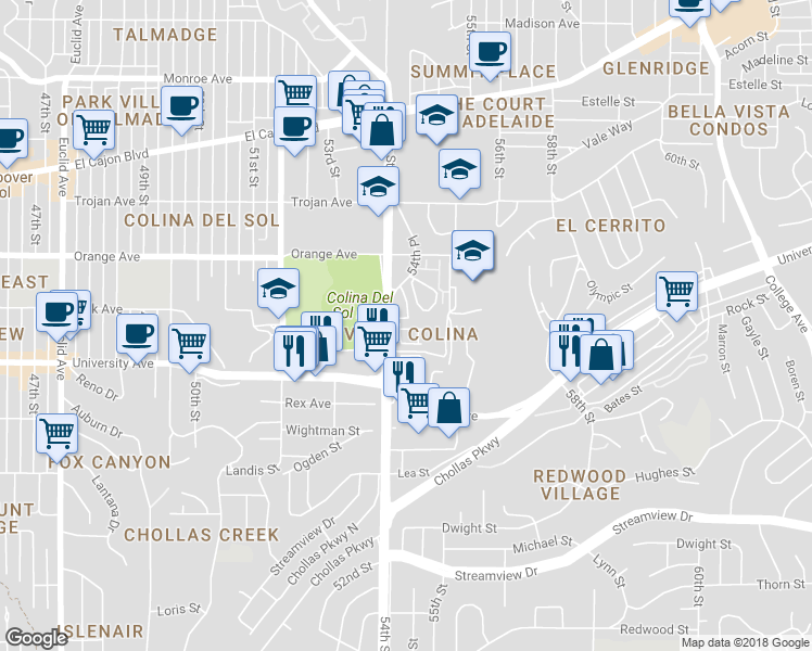 map of restaurants, bars, coffee shops, grocery stores, and more near 5412 Zeil Place in San Diego