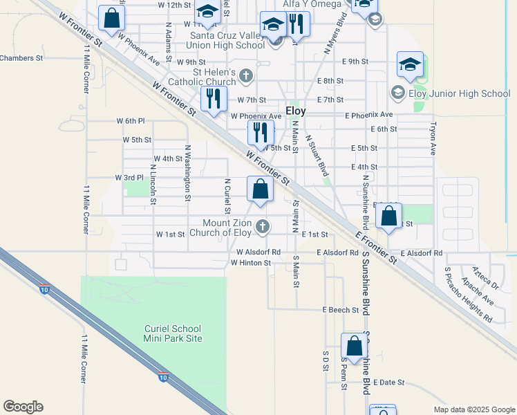 map of restaurants, bars, coffee shops, grocery stores, and more near 207 North E Street in Eloy
