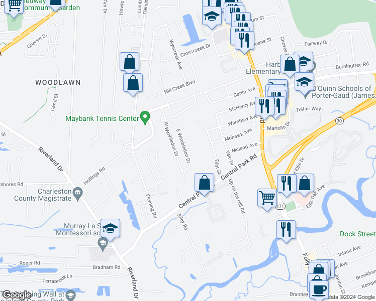 map of restaurants, bars, coffee shops, grocery stores, and more near 508 East Wimbledon Drive in Charleston