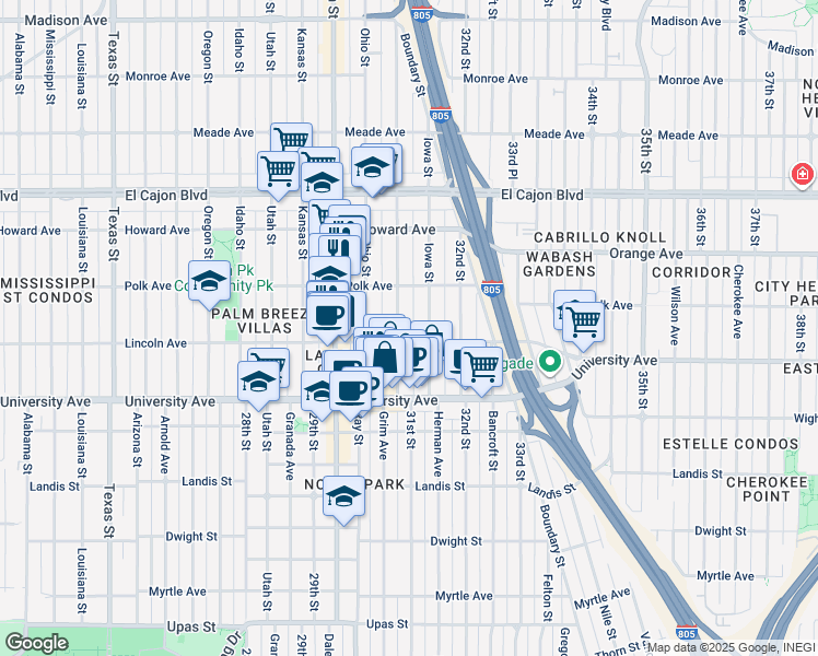 map of restaurants, bars, coffee shops, grocery stores, and more near 4031 Illinois Street in San Diego