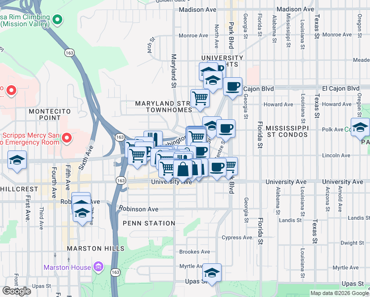 map of restaurants, bars, coffee shops, grocery stores, and more near 3950 Cleveland Avenue in San Diego