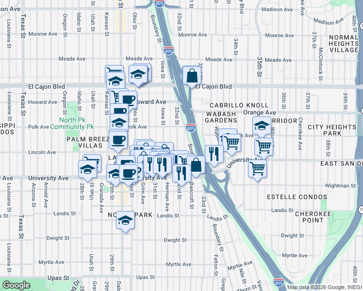 map of restaurants, bars, coffee shops, grocery stores, and more near in San Diego