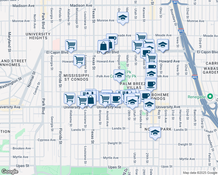 map of restaurants, bars, coffee shops, grocery stores, and more near 4034 Hamilton Street in San Diego