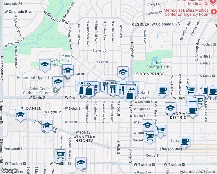 map of restaurants, bars, coffee shops, grocery stores, and more near 1122 Kings Highway in Dallas