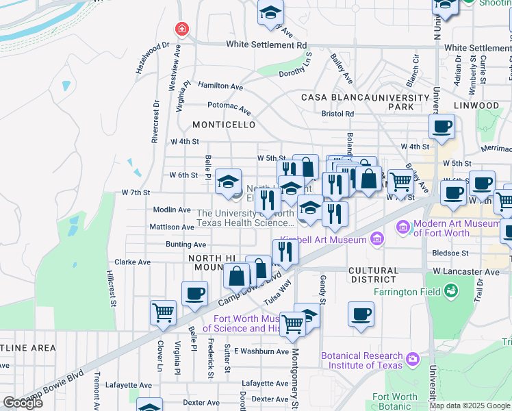 map of restaurants, bars, coffee shops, grocery stores, and more near 3720 Modlin Avenue in Fort Worth