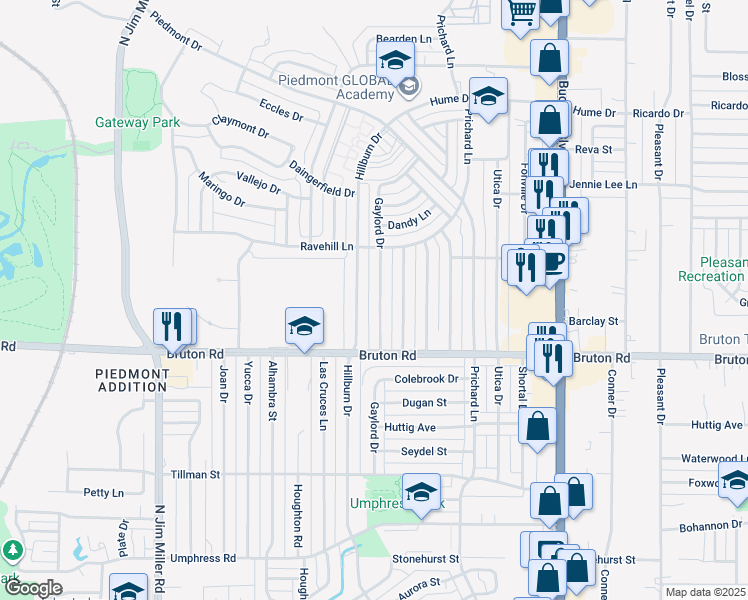map of restaurants, bars, coffee shops, grocery stores, and more near 2204 Hillburn Drive in Dallas