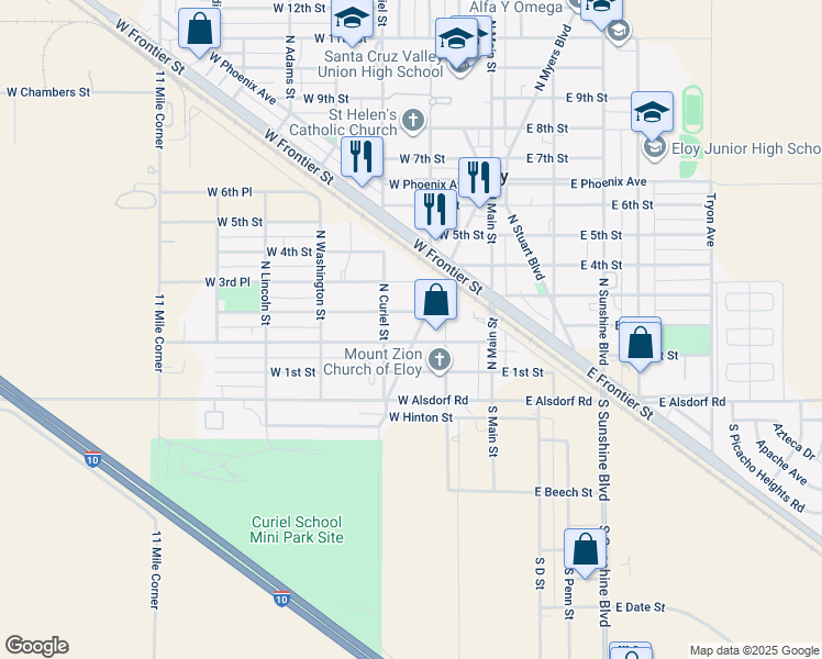 map of restaurants, bars, coffee shops, grocery stores, and more near 208 North Myers Boulevard in Eloy
