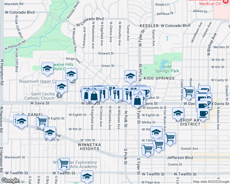 map of restaurants, bars, coffee shops, grocery stores, and more near 1122 Kings Highway in Dallas