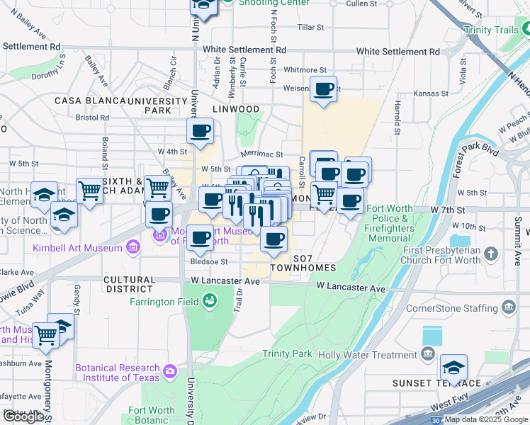 map of restaurants, bars, coffee shops, grocery stores, and more near 2837 West 7th Street in Fort Worth