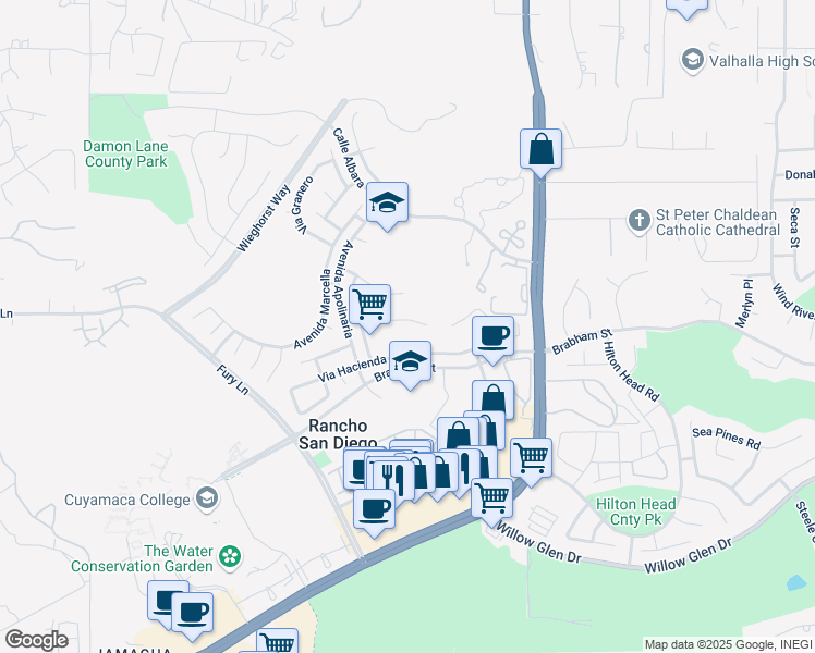 map of restaurants, bars, coffee shops, grocery stores, and more near 12147 Via Antigua in El Cajon